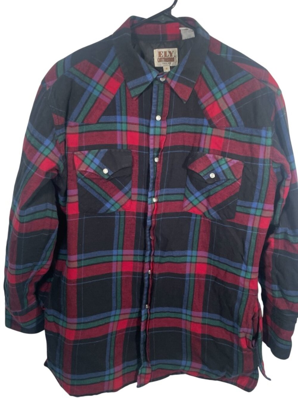 Ely Cattleman Quilted Flannel Shirt Jacket Mens Medium Red Shacket Pearl Snap